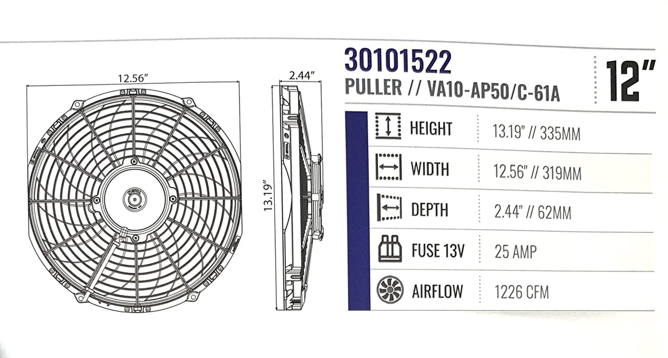 SPAL 30101522 12" 12 Volt Puller Fan Curved Blades High-Performance 1226 cfm VA10-AP50/C-61A