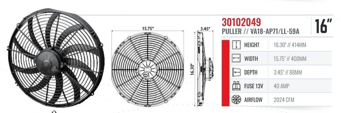 SPAL 30102049 16" 12 Volt Puller High Performance Fan Curved Blade