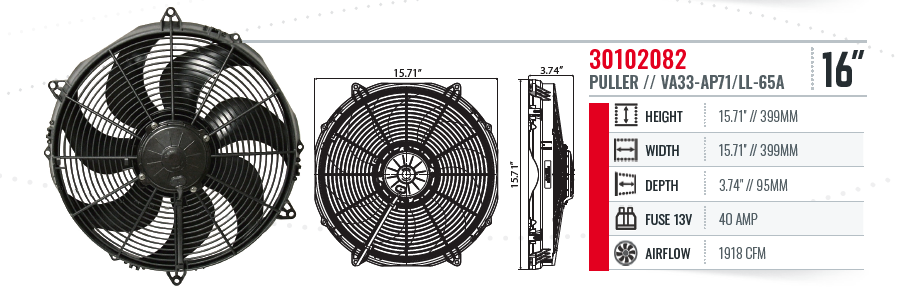 SPAL Fan - 30102082 16" 12 Volt Puller Fan Sealed Curved Blade 1918 cfm VA33-AP71/LL-65A