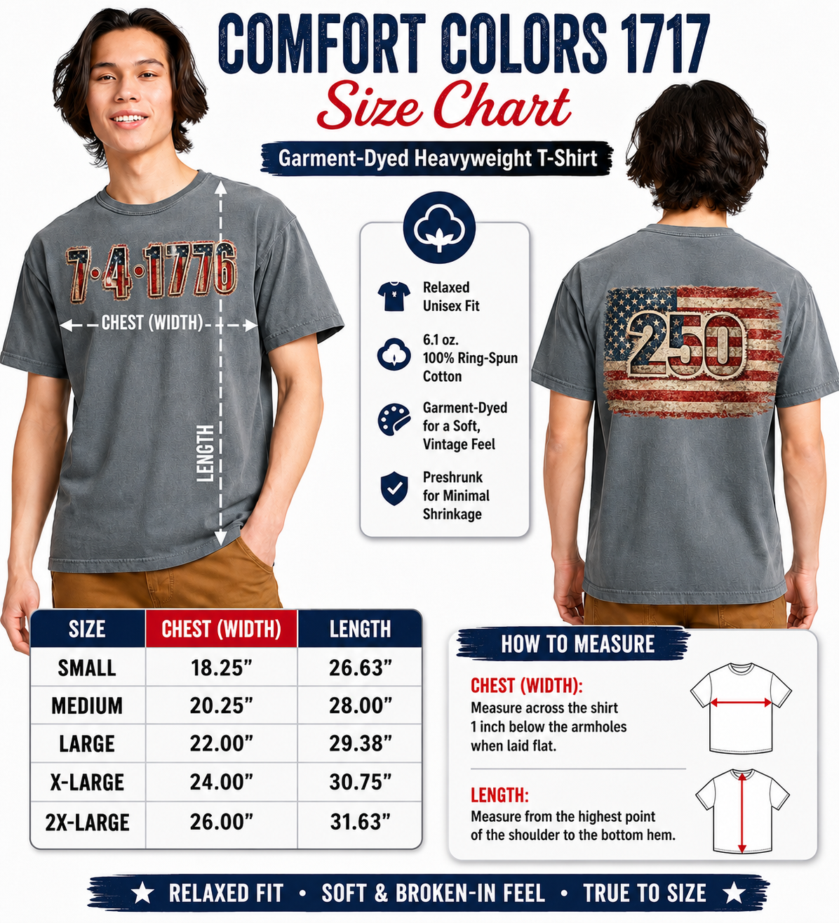 America 250 Comfort Colors® T-Shirt | 7•4•1776 Patriotic Tee | Double-Sided July 4th Independence Day Shirt - Ships in 1-3 business Days