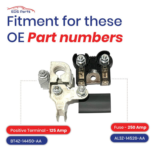 EDS Combo Pack - Terminal & Fuse EDS AL3Z-14526-AA AL3Z14526AA 250A/125A Battery Fuselink Fuse & BT4Z-14450-AA Positive Terminal Assembly for Ford F-150(2011–2014), F-250(2011–2014),Lobo,Mark LT Complete OEM Style Replacement Kit Ford F-150 AL3Z-14526-AA 250Amp / 125Amp Battery Fuse & BT4Z14450AA 