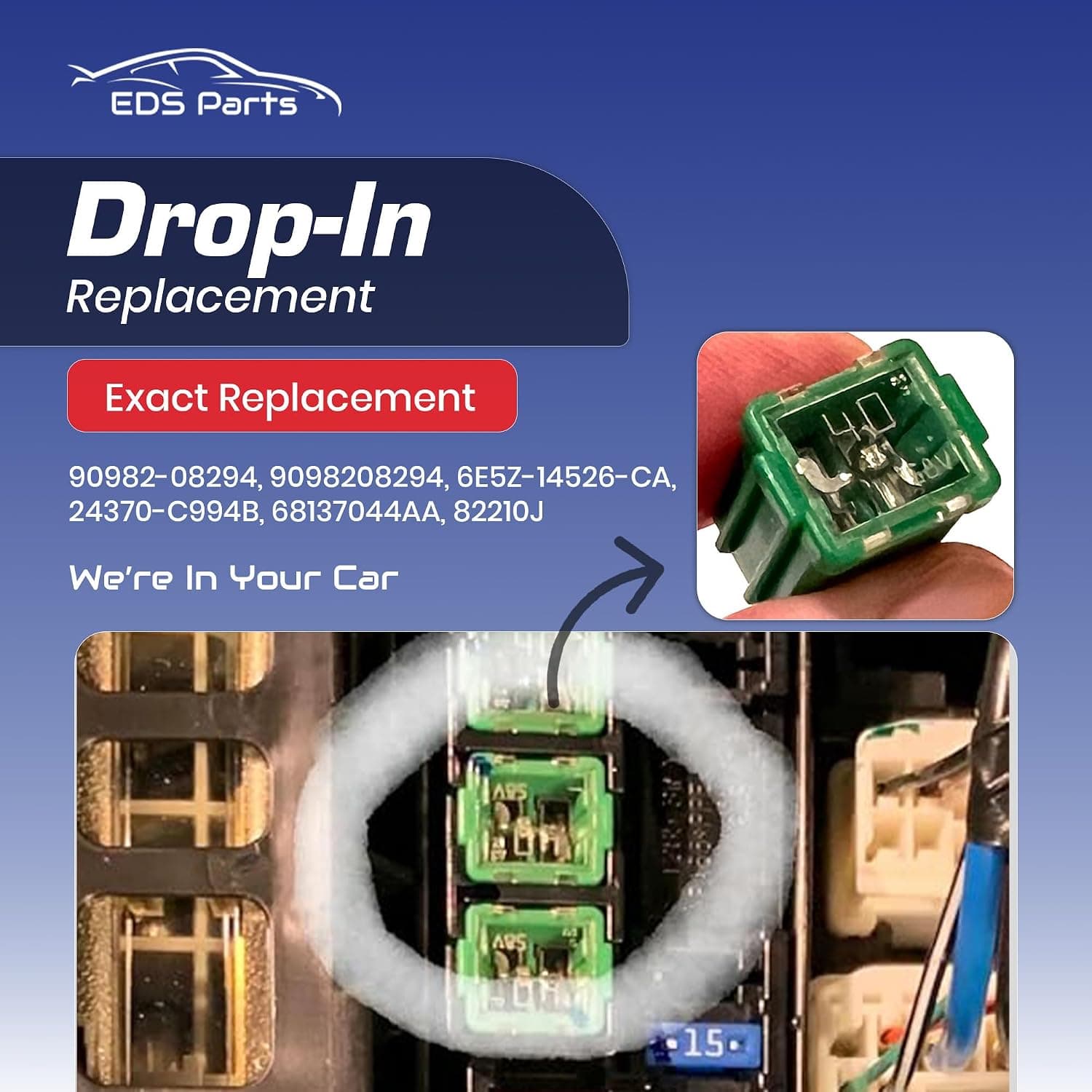 EDS Fuse 927-6040 9276040 40 Amp Fuse | Mini J Fuse | Small Green 40A for 90982-08294 6E5Z-14526-CA 24370-C994B 68137044AA EDS 927-6040 40 Amp Mini J Fuse | Toyota 90982-08294 