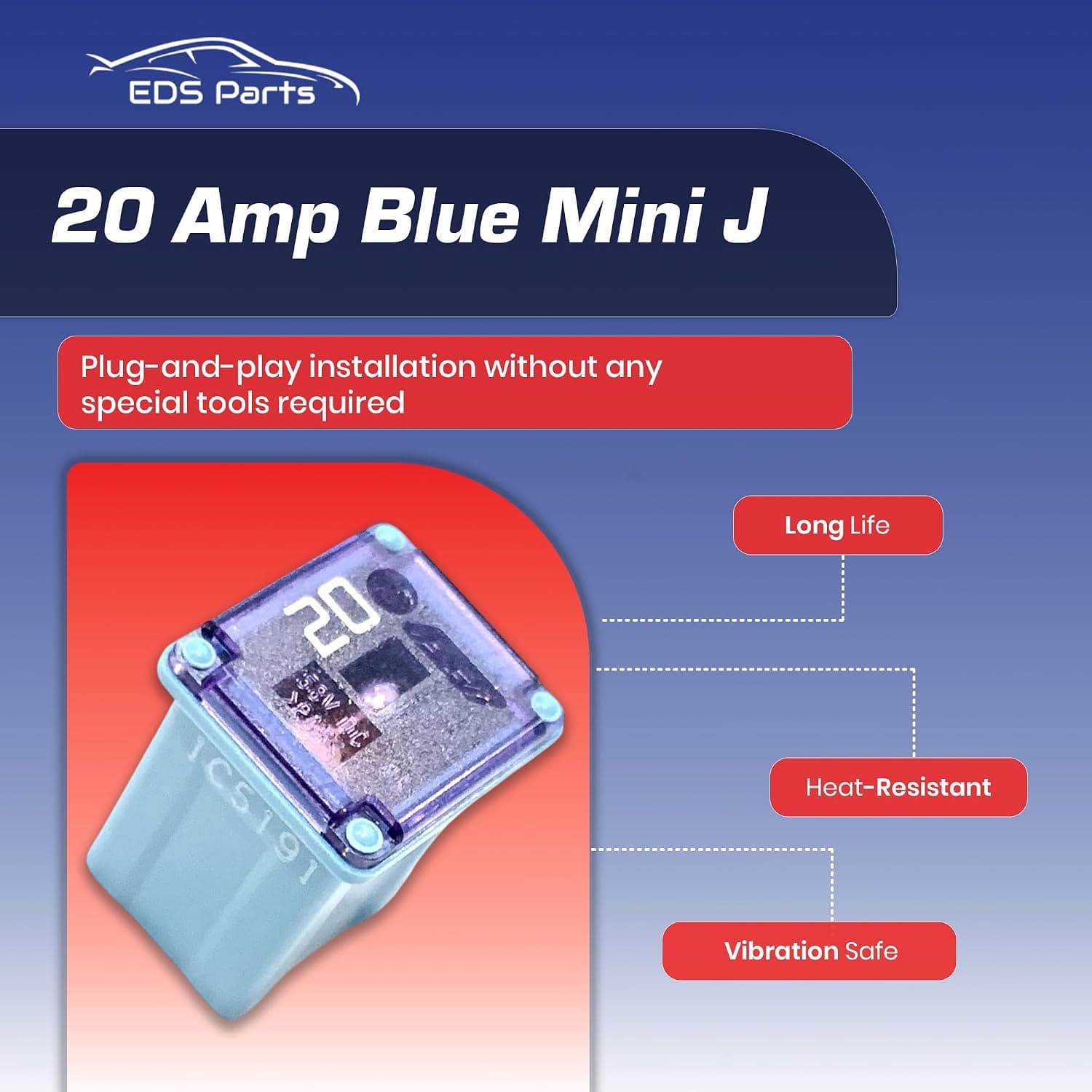 EDS Fuse EDS - Automotive Low Profile Mini J Case Fuses Compatible for Ford, Chevy/GM Nissan Toyota Hyundai Kia Honda - Pickup Trucks, Cars & SUVs (Blue - 20 Amp) 20 AMP Mini J Fuse Blue Low Profile Case Fuse - 10 Pack
