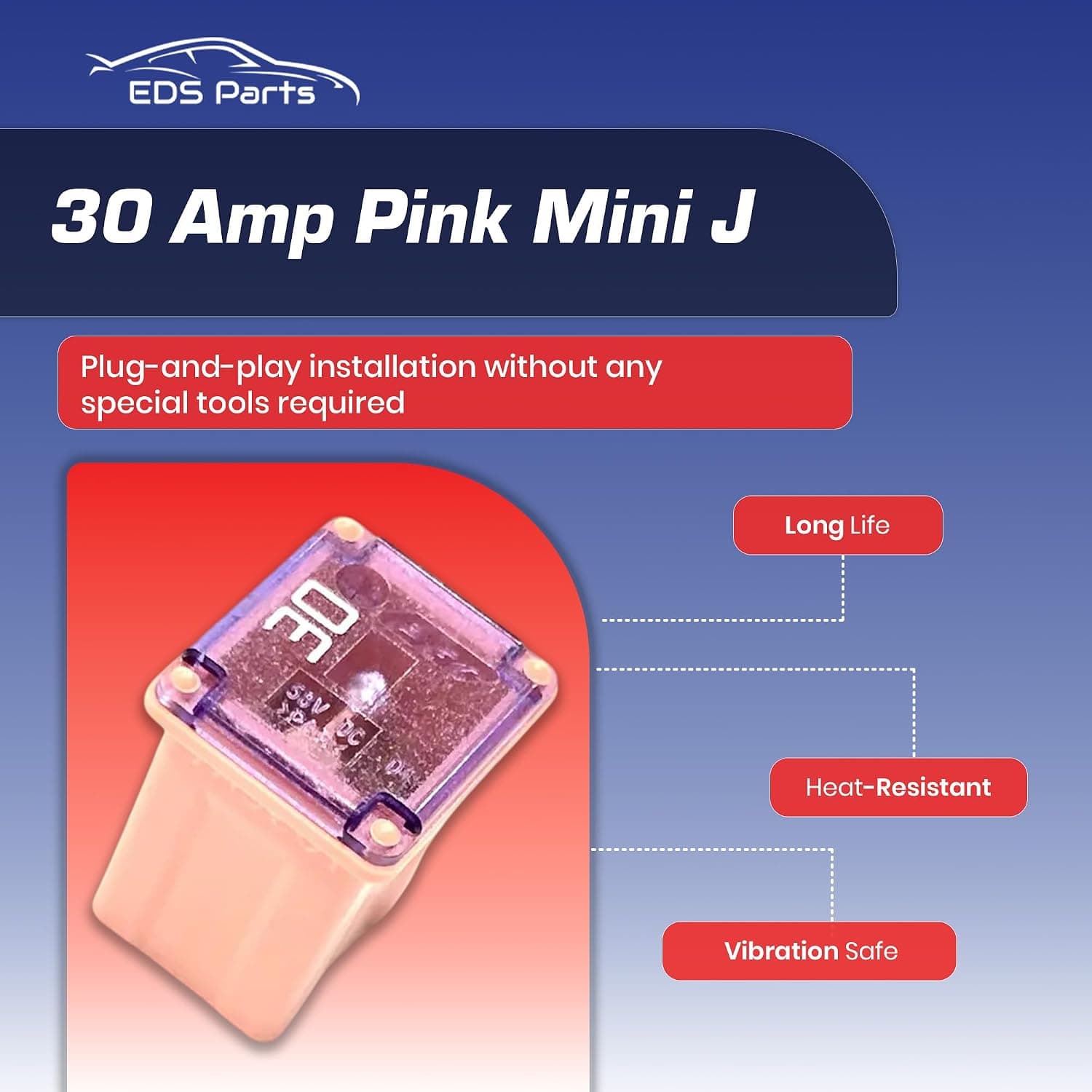 EDS Fuse EDS - Automotive Low Profile Mini J Case Fuses Compatible for Ford, Chevy/GM Nissan Toyota Hyundai Kia Honda - Pickup Trucks, Cars & SUVs (Pink - 30 Amp) 30 AMP Pink Automotive Low Profile Mini J Case Fuse - 10 Pc