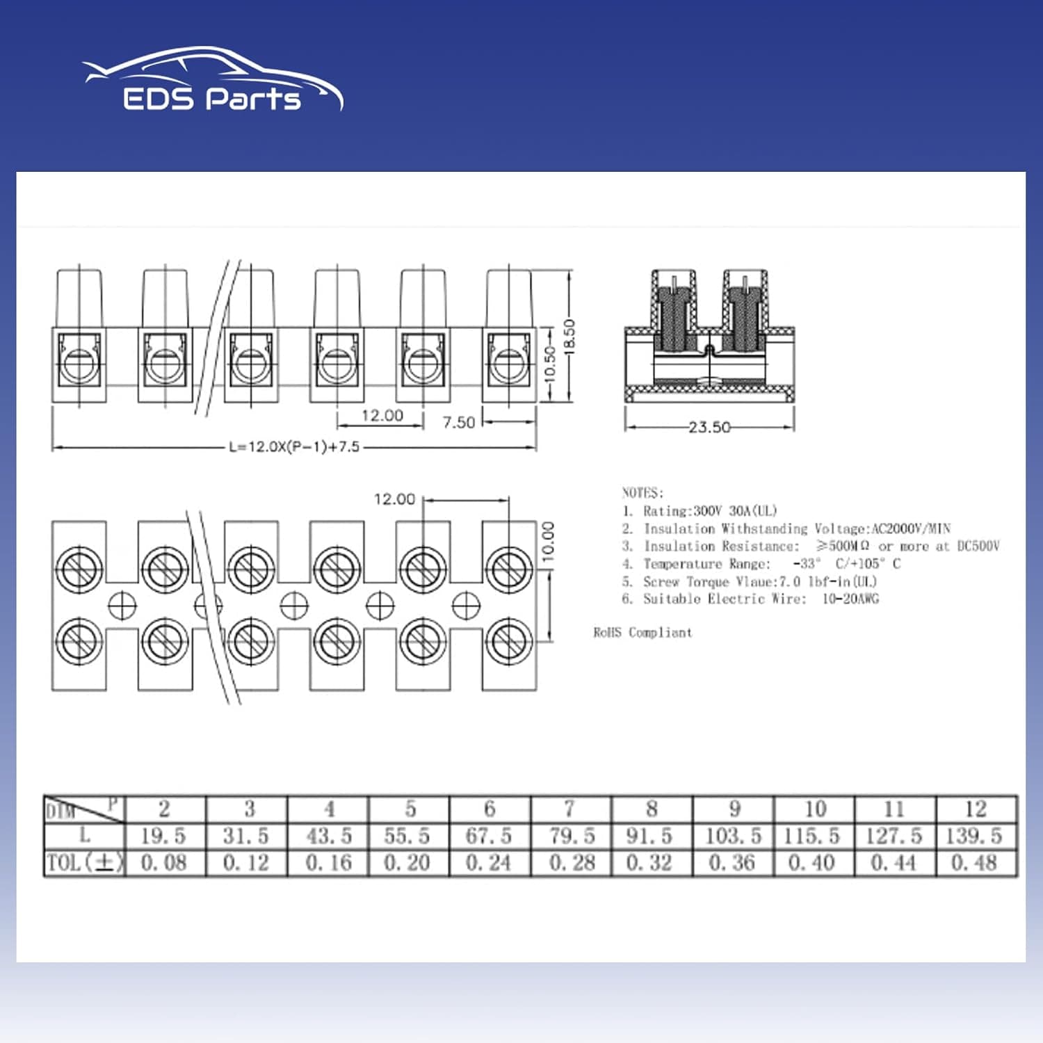 EDS Terminal Block 12 Position / 24 Contact Terminal Block Barrier Strip Dual Row with Screw Connector 30 Amp 300V HVAC Panel Chassis Mount etc. ES1200/12DSFB ES1200/12DSFB -12 Position / 24 Contact Terminal Block Strip 30 Amp
