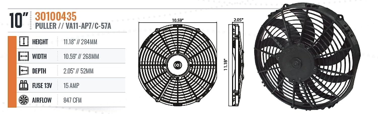SPAL 10" 2 Pack!! - SPAL 30100435 10" Fan Puller Curved Blades 12 Volt Low Profile 847 cfm VA11-AP7/C-57A SPAL Fan - 30100435 10" Fan Puller 847 cfm - 2 Pack!!