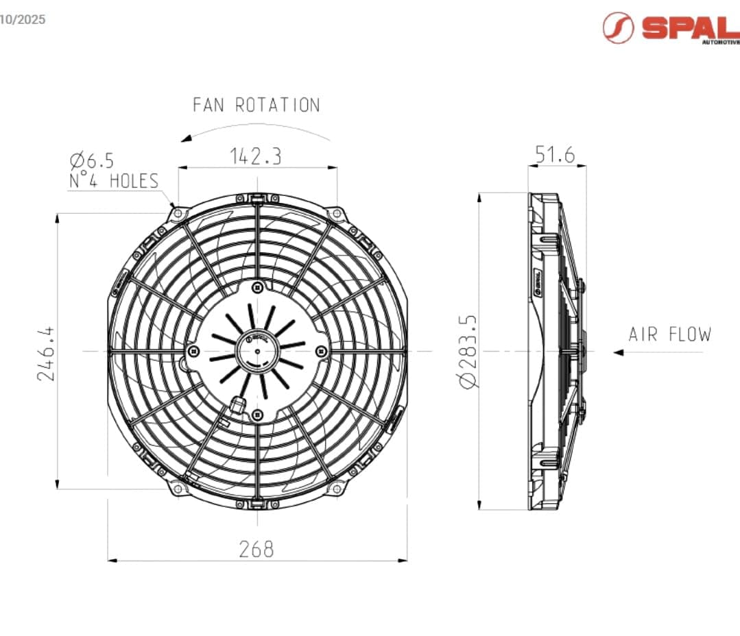 SPAL 10" SPAL Fan - 30100588 10" Pusher Curved Blades 12 Volt High-Performance 839 cfm VA11-AP7/C/I-57S 12V IP68 Waterproof Brushed Fan for Cooling Radiators, Oil Coolers, and Compact Applications etc. SPAL 30100588 10'' 12 Volt Pusher Fan 839 cfm