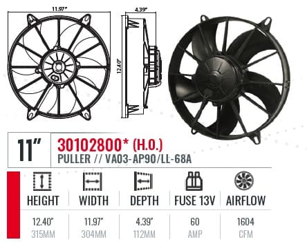 SPAL 11" SPAL Fan - 30102800 11" 12 Volt Puller Fan Sealed High Output Curved Blade 1604 cfm VA03-AP90/LL-68A SPAL Fan - 30102800 11" 12 Volt Puller Fan | VA03-AP90/LL-68A 1604 cfm