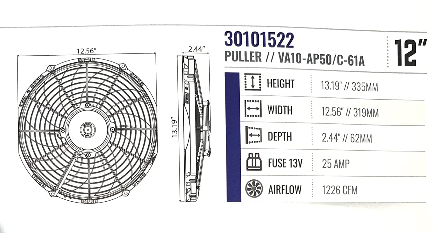 SPAL 12" 2 Pack!! - SPAL 30101522 12" Fan Puller Curved Blades 12 Volt High-Performance 1226 cfm VA10-AP50/C-61A SPAL Fan - 30101522 12" Fan Puller 12 Volt fan - 2 Pack!!