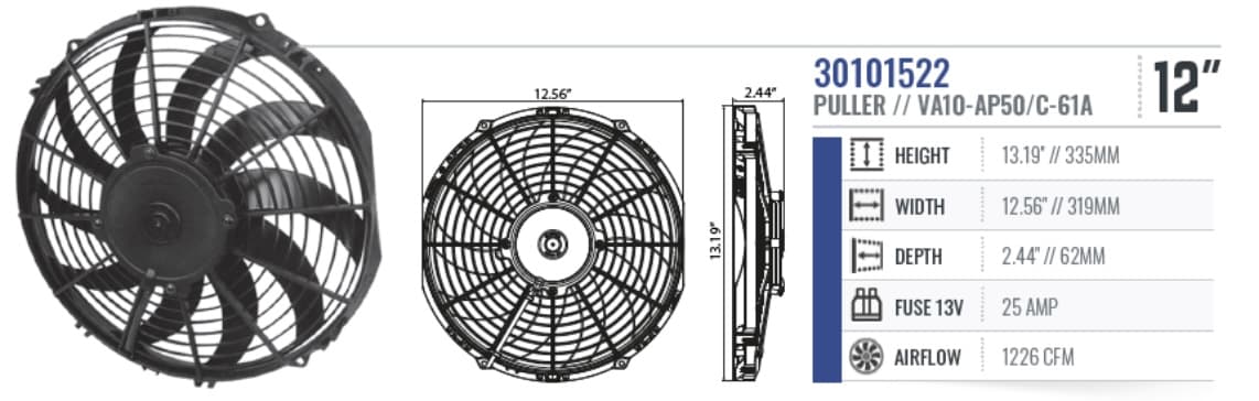 SPAL 12" SPAL Fan - 30101522 12" 12 Volt Puller Fan Curved Blades High-Performance 1226 cfm VA10-AP50/C-61A SPAL Fan - 30101522 12" Fan - 12 Volt Puller Fan 1226 cfm 