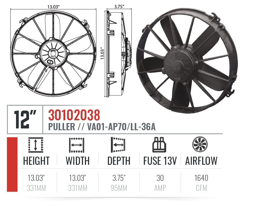 SPAL 12" SPAL Fan - 30102038 12" 12 Volt Puller Fan High Performance Straight Blade 1640 cfm with Plastic Shroud SPAL Fan - 30102038 12" 12 Volt Puller Fan