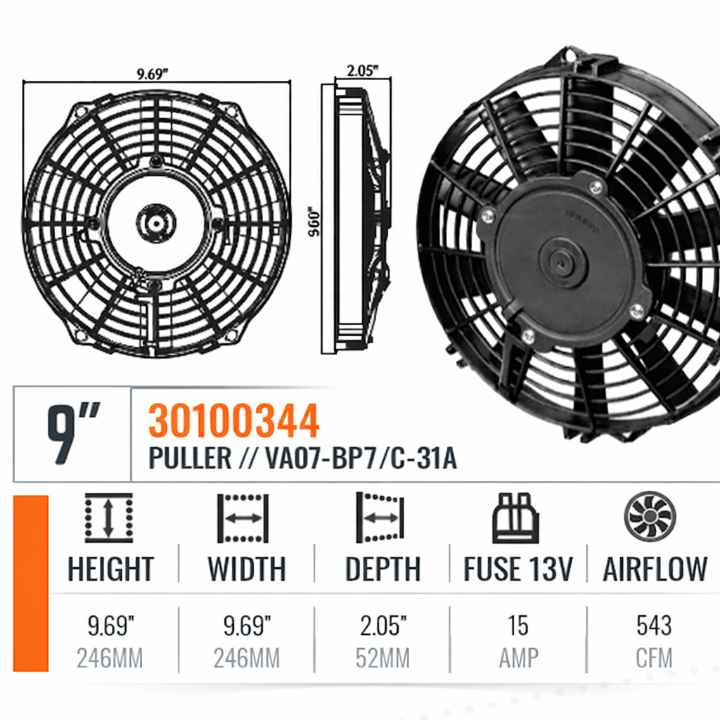 SPAL 9" SPAL Fan - 30100344 9" 24 Volt Puller Fan Straight Blade 543 cfm VA07-BP7/C-31A 24V Truck Air 06-3499, MEI 3499 SPAL Fan - 30100344 9" VA07-BP7/C-31A 24V Truck Air 06-3499, MEI 3499