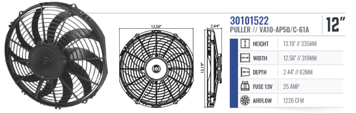 SPAL Fan - 30101522 12" 12 Volt Puller Fan Curved Blades High-Performance 1226 cfm VA10-AP50/C-61A